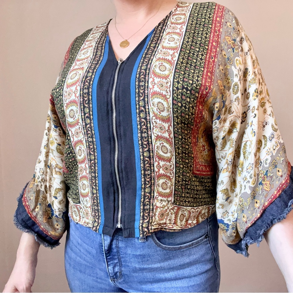 Zara Boho Scarf Print Fringe Kimono Sleeve Zip Blouse XS - Picture 11 of 13